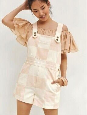 Anthro HUTCH Cream Pink Checkered Overalls, M